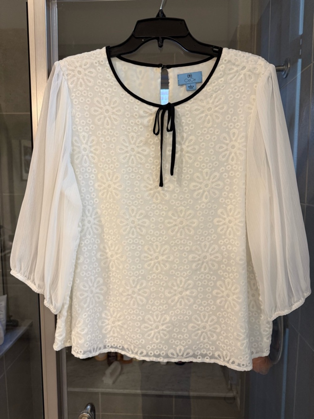 CeCe White Blouse with Black Tie and Trim